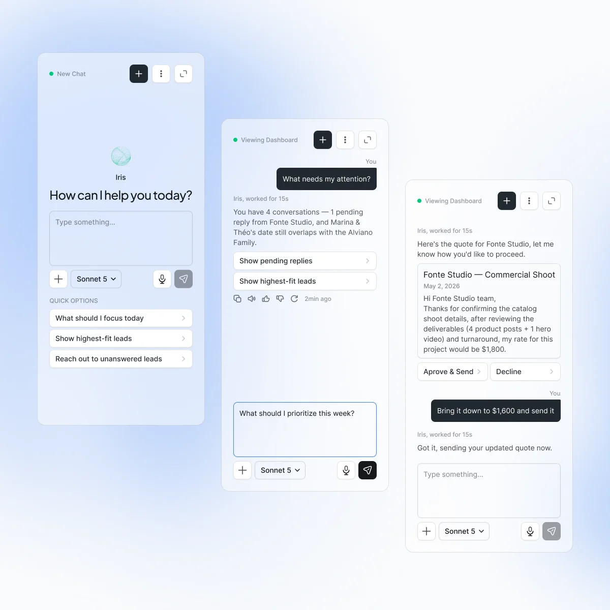 Chat panel states: a new chat, a dashboard summary and a quote ready to approve