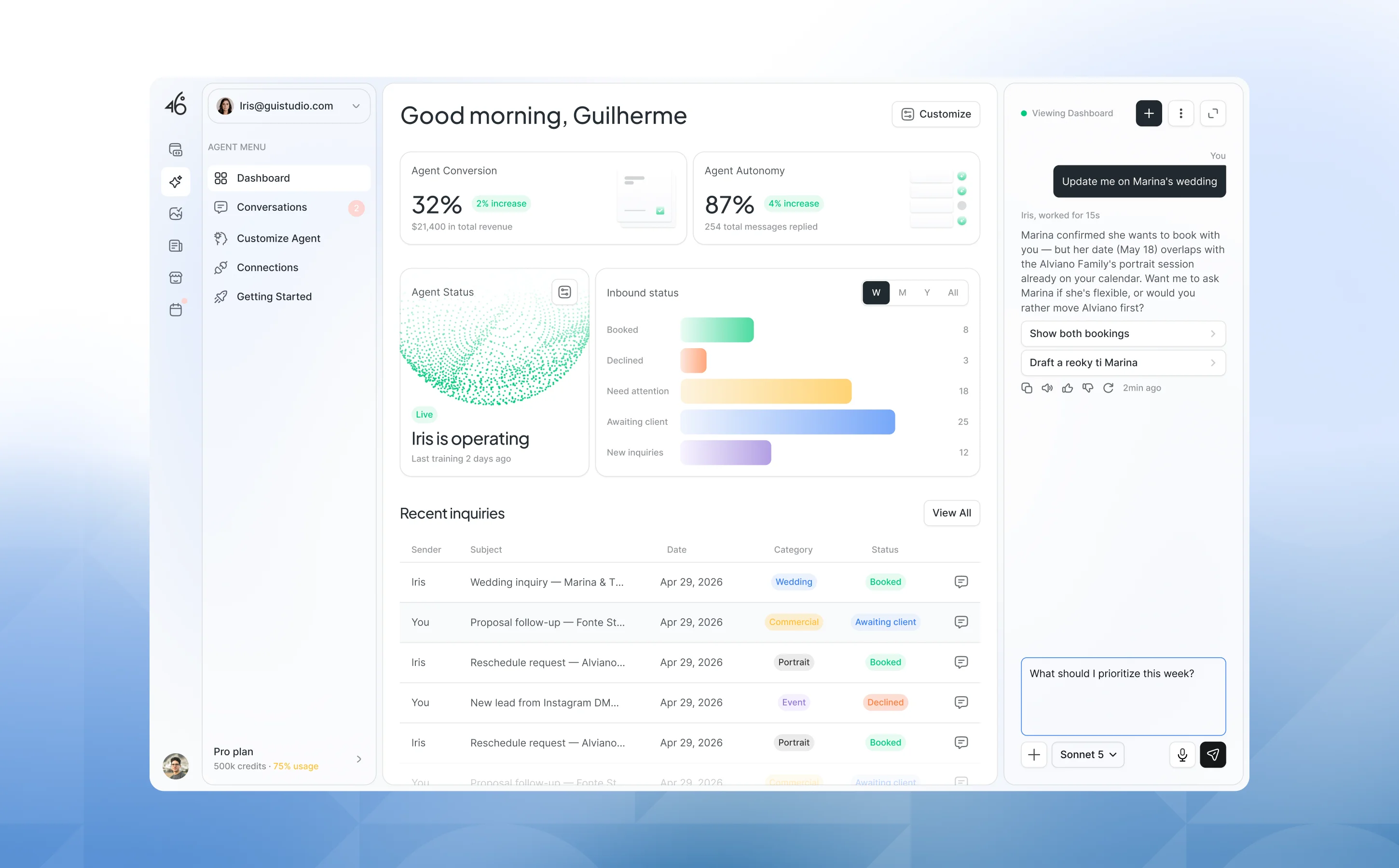 Agent dashboard with conversion, autonomy and inbound status, and the chat open beside it