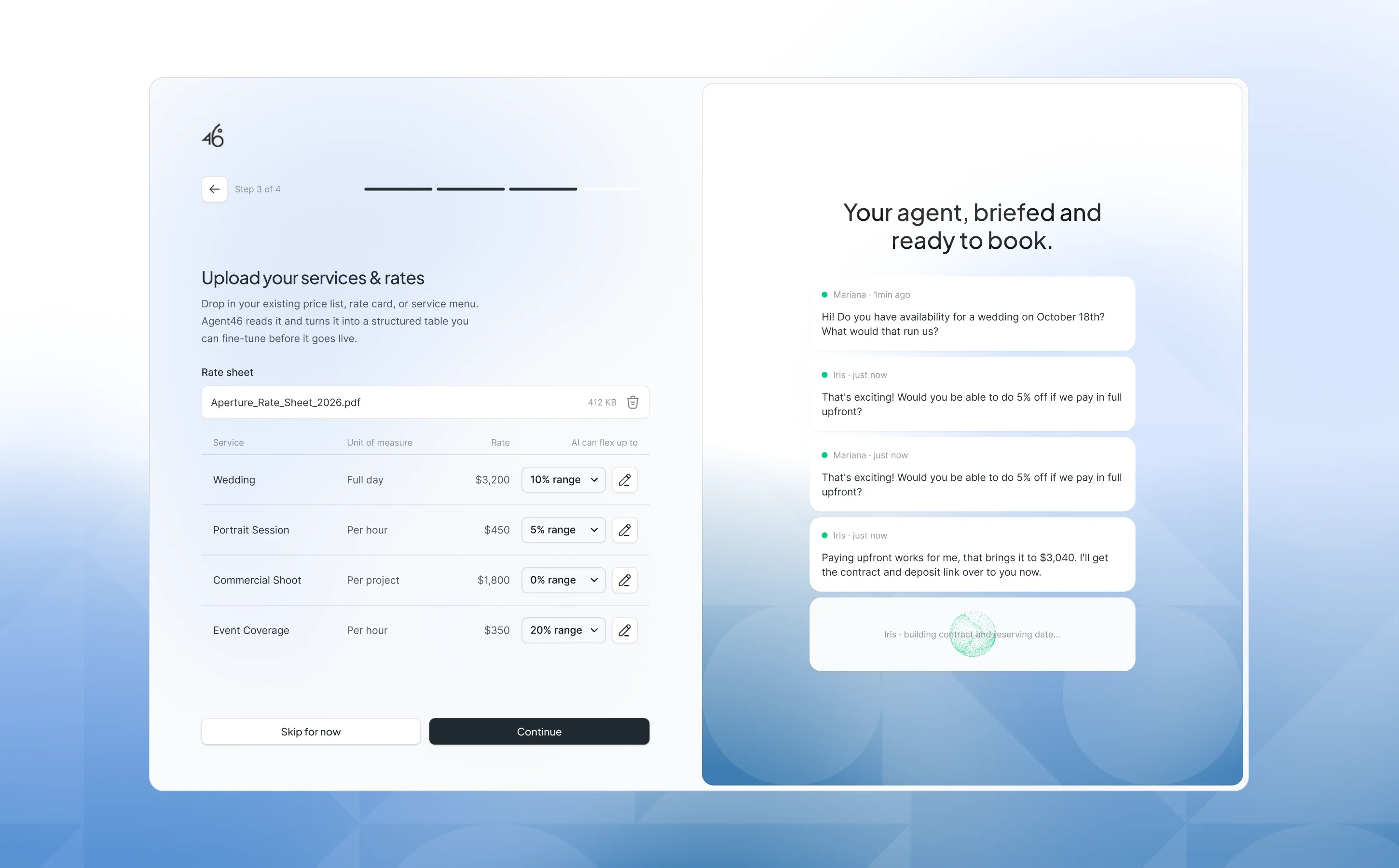Onboarding: an uploaded rate sheet becomes an editable price table, next to a preview of the agent booking a client
