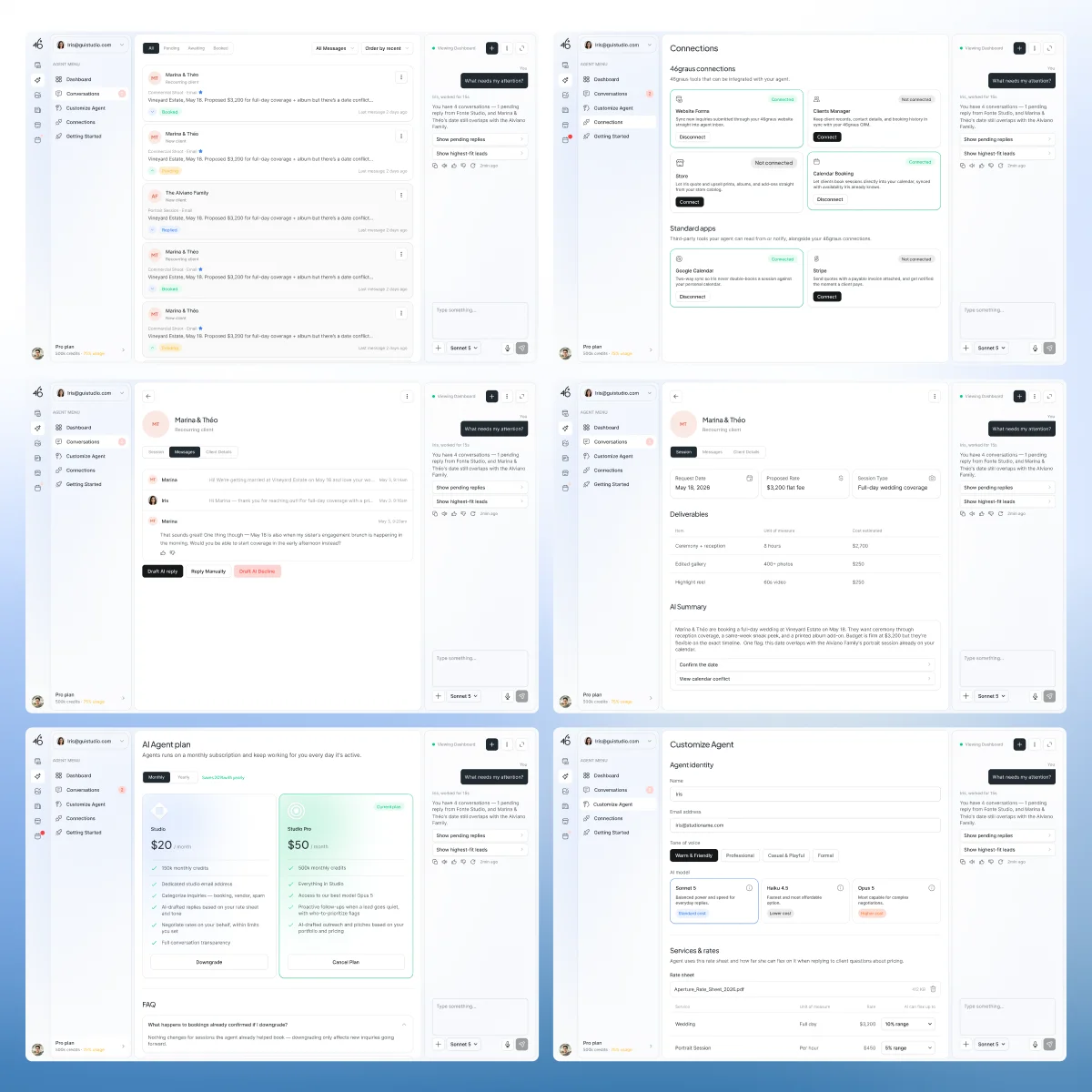 Six product screens: conversations, connections, client details, plans and agent settings