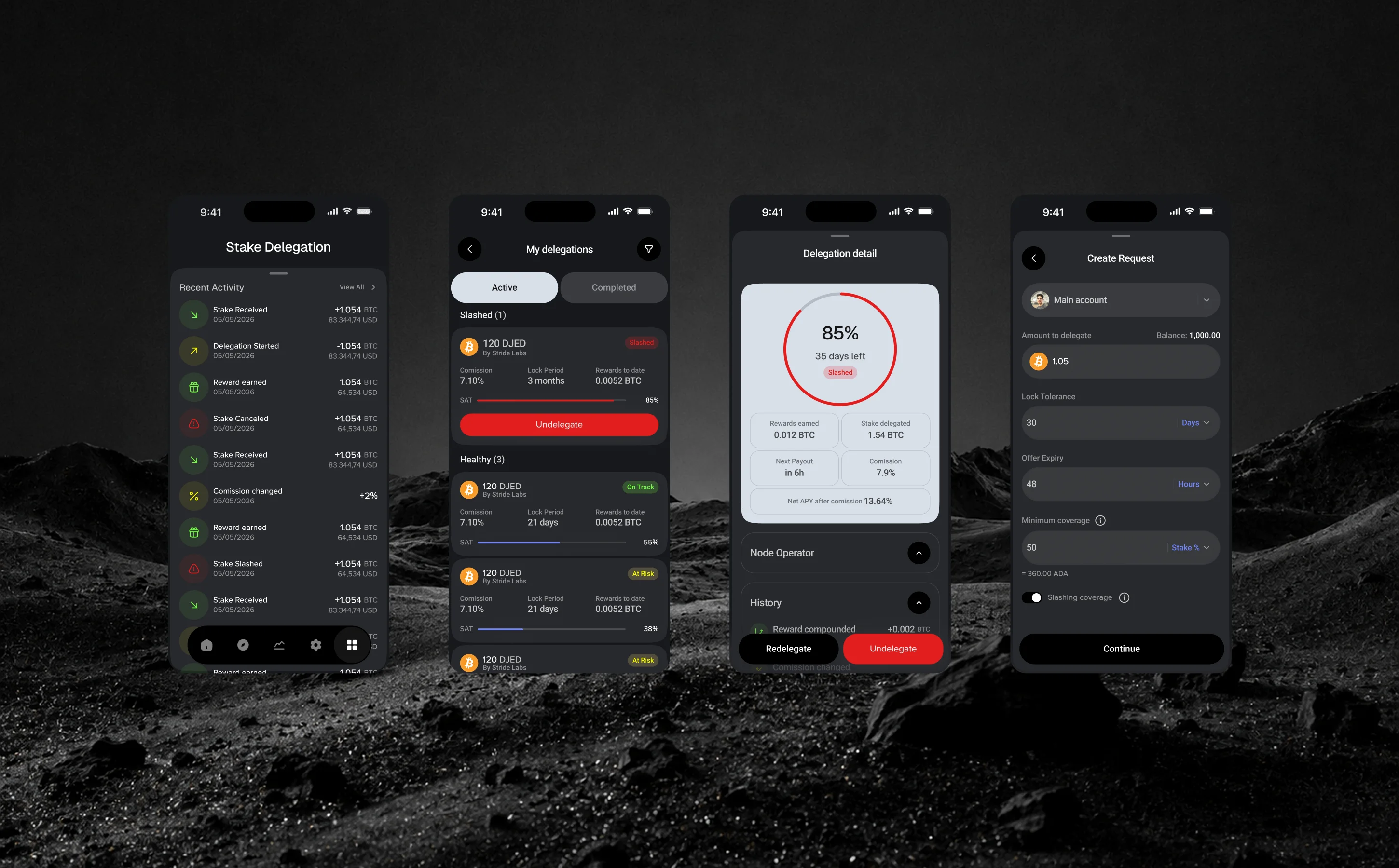 Four screens: recent activity, delegations grouped by health, delegation detail and creating a request