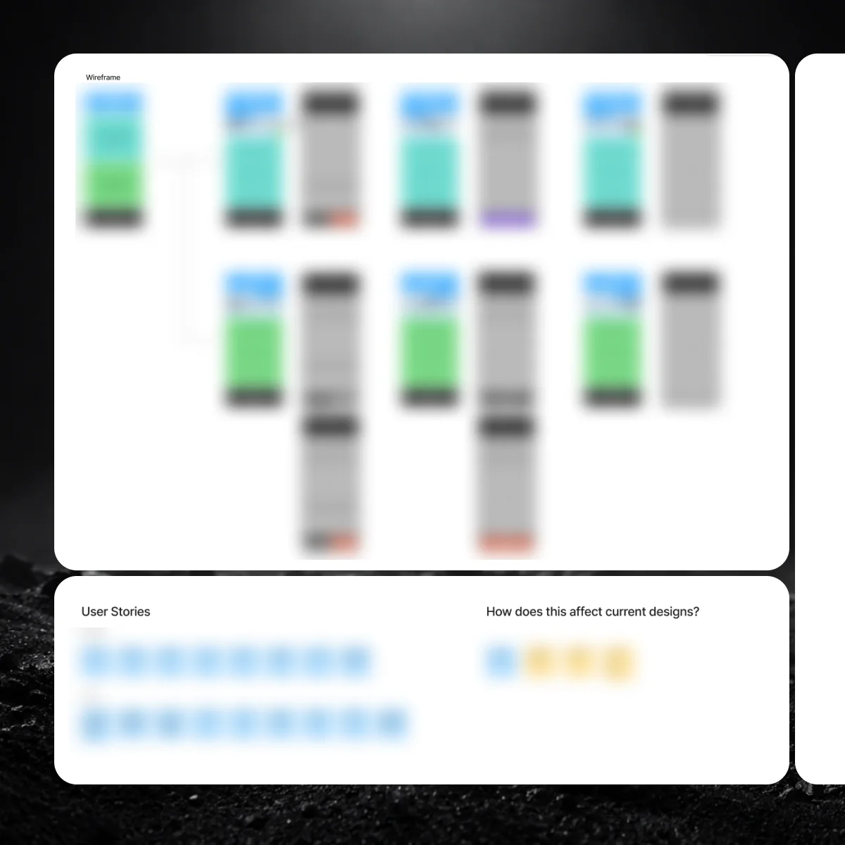 Workshop output: early wireframes and user stories, blurred under NDA