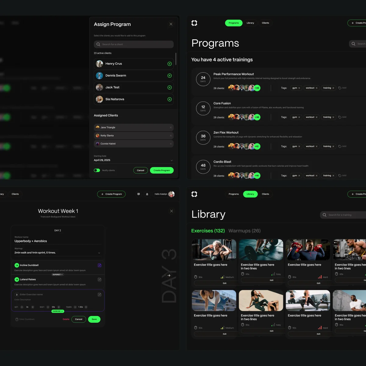 Trainer desktop screens: assigning a program, programs, workout week and exercise library
