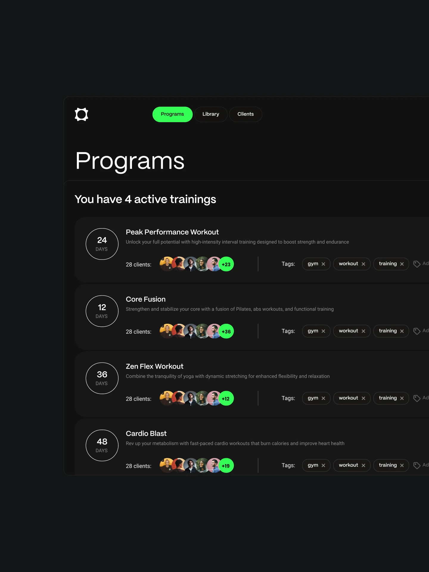 Programs view: active trainings with their clients and tags