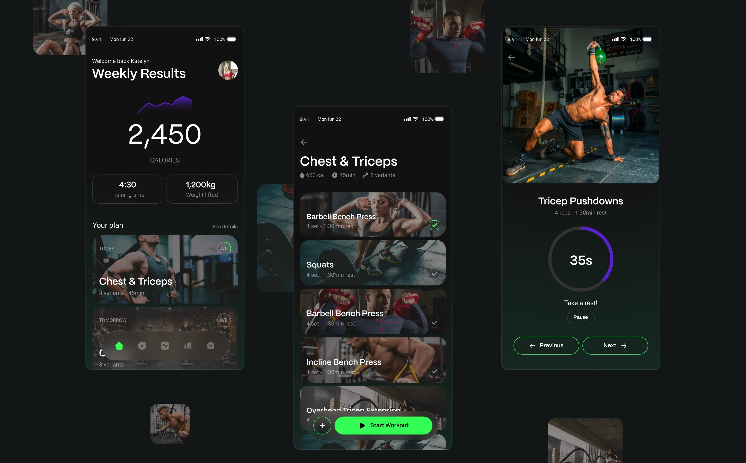 The student app: weekly results, a workout's exercise list and a guided exercise with rest timer