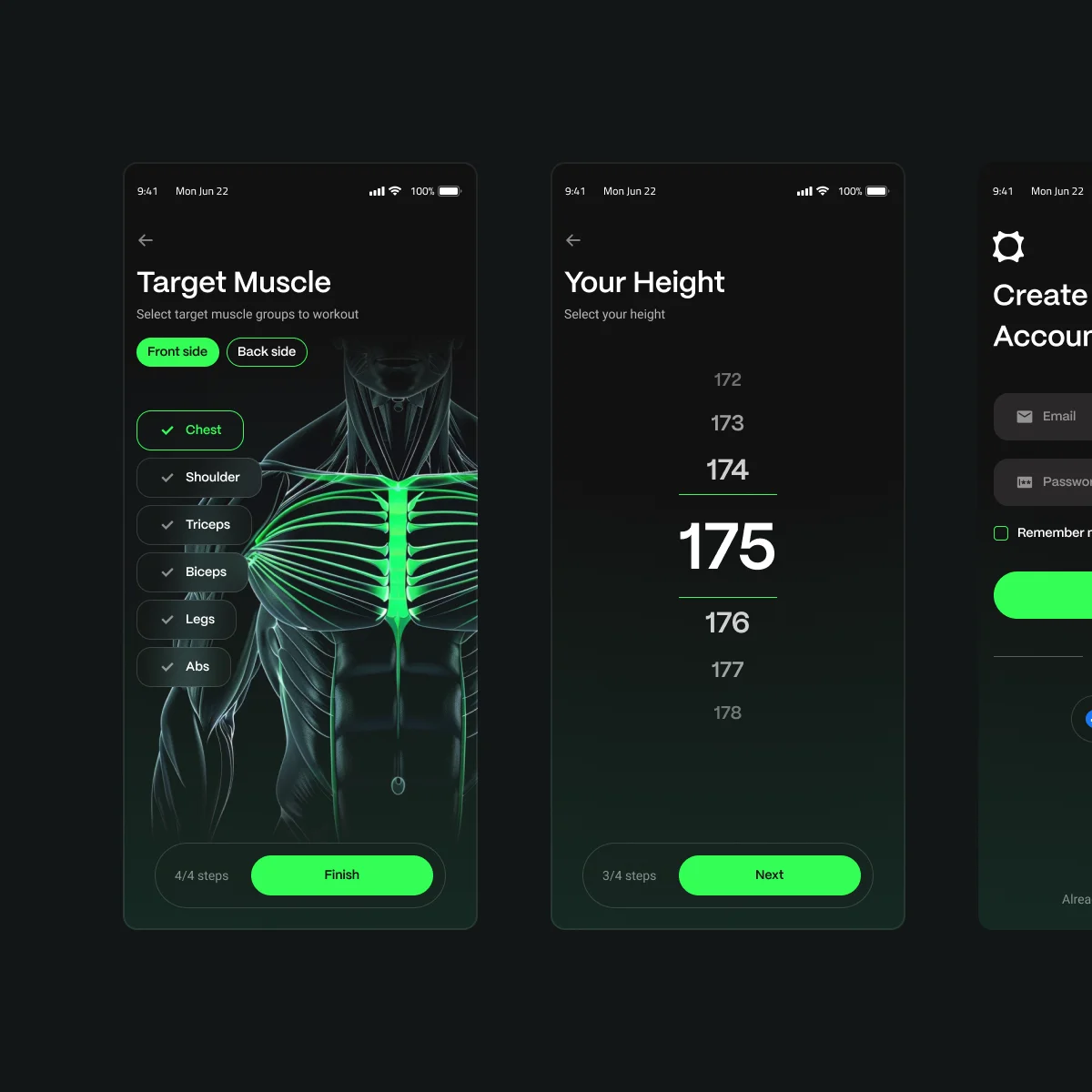 Student onboarding: target muscles, height and account creation