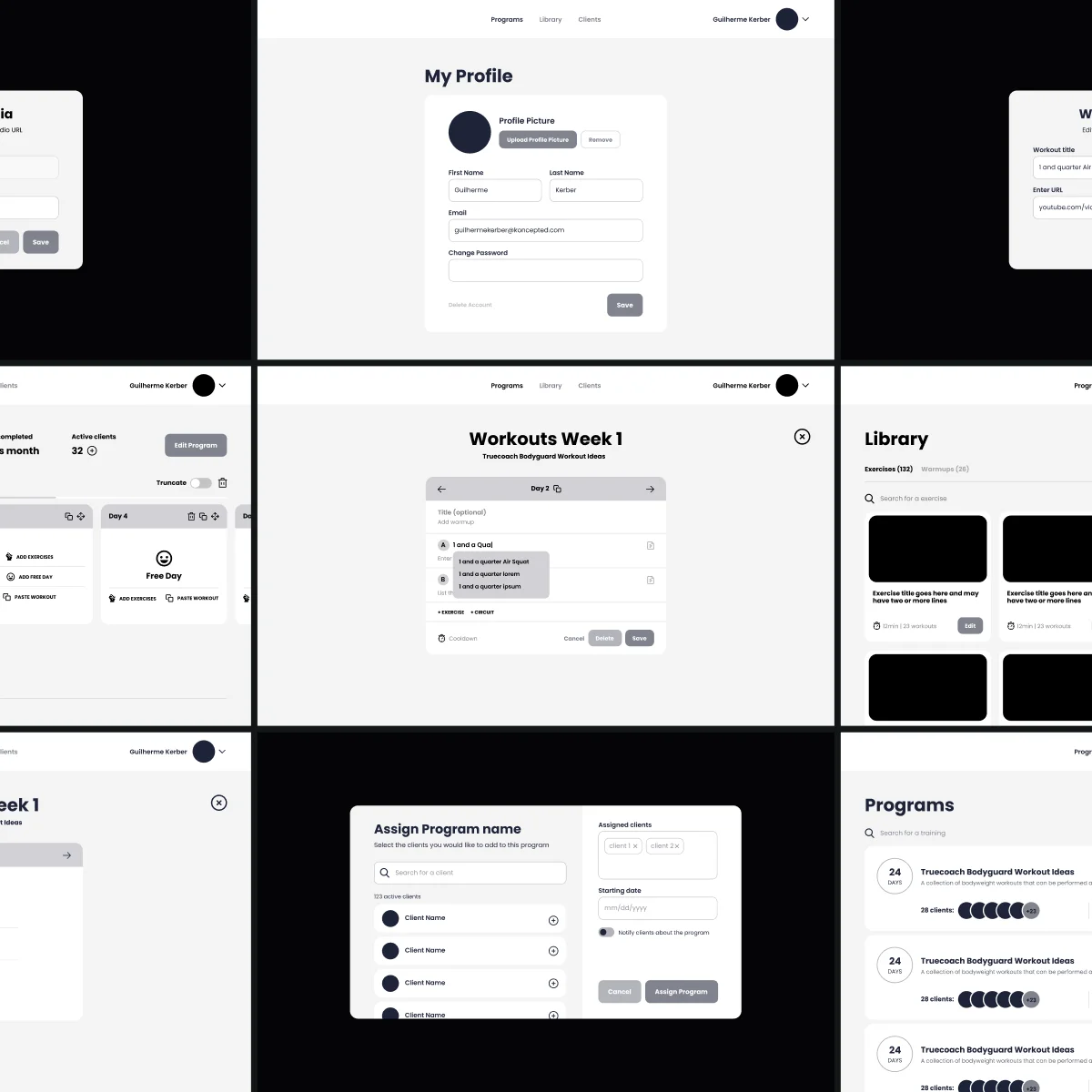 Wireframes for the trainer flows: profile, week builder, library, assigning a program and programs list