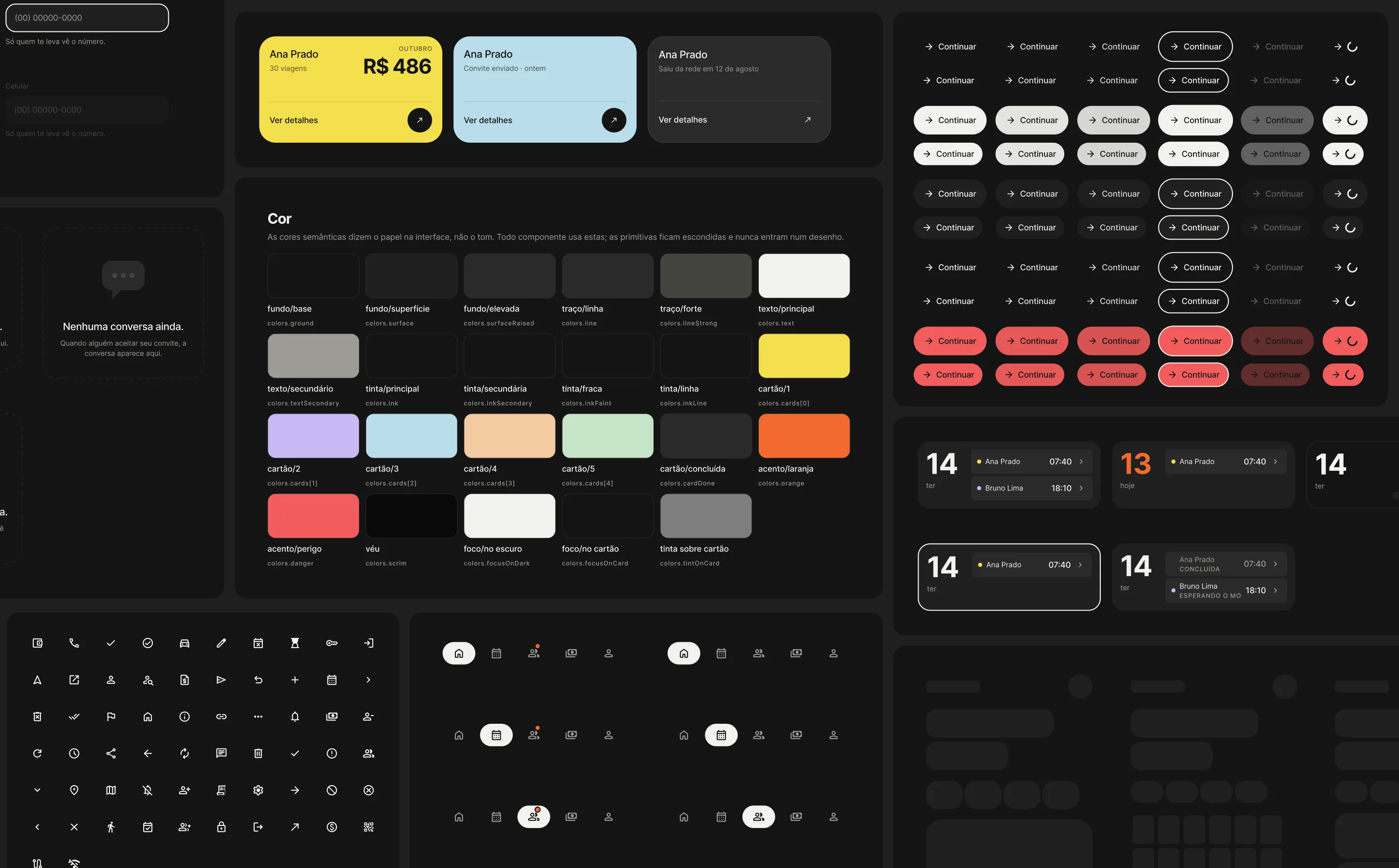 The TrustCab design system: passenger cards, semantic color tokens, button states, agenda days, icons and navigation bar states