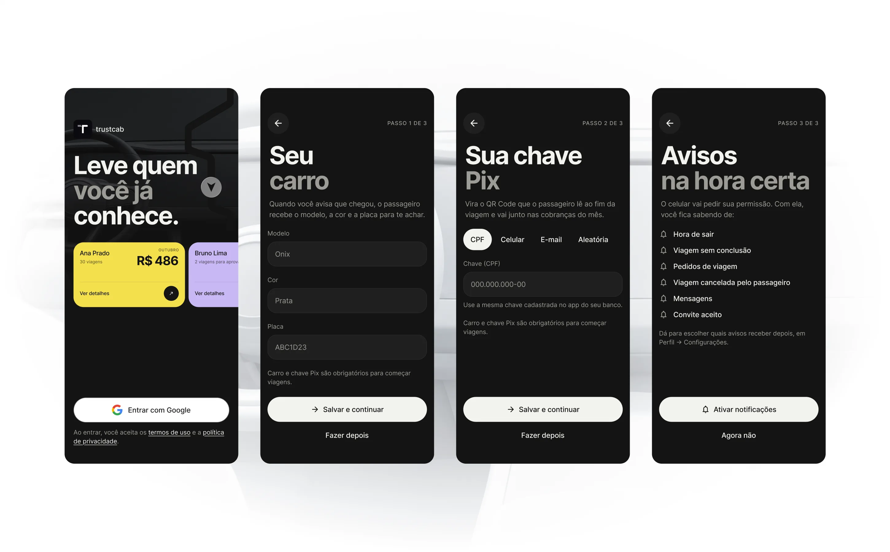 Sign-in with Google and the three onboarding steps: car details, Pix key and notifications, each with a skip option