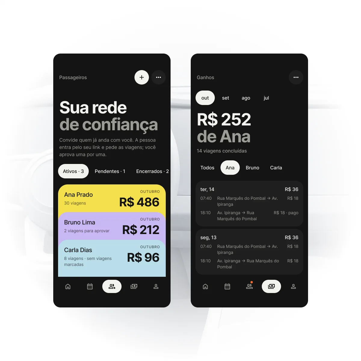 The passengers screen with the driver's trusted network as colored cards, next to the earnings for one passenger