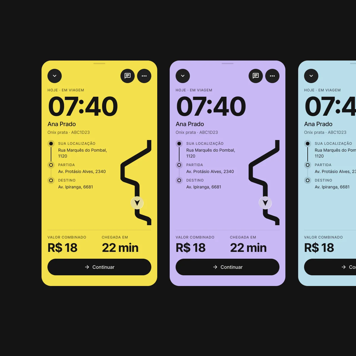 The trip screen in three passenger colors, with the time, the stops, the agreed price and the arrival time
